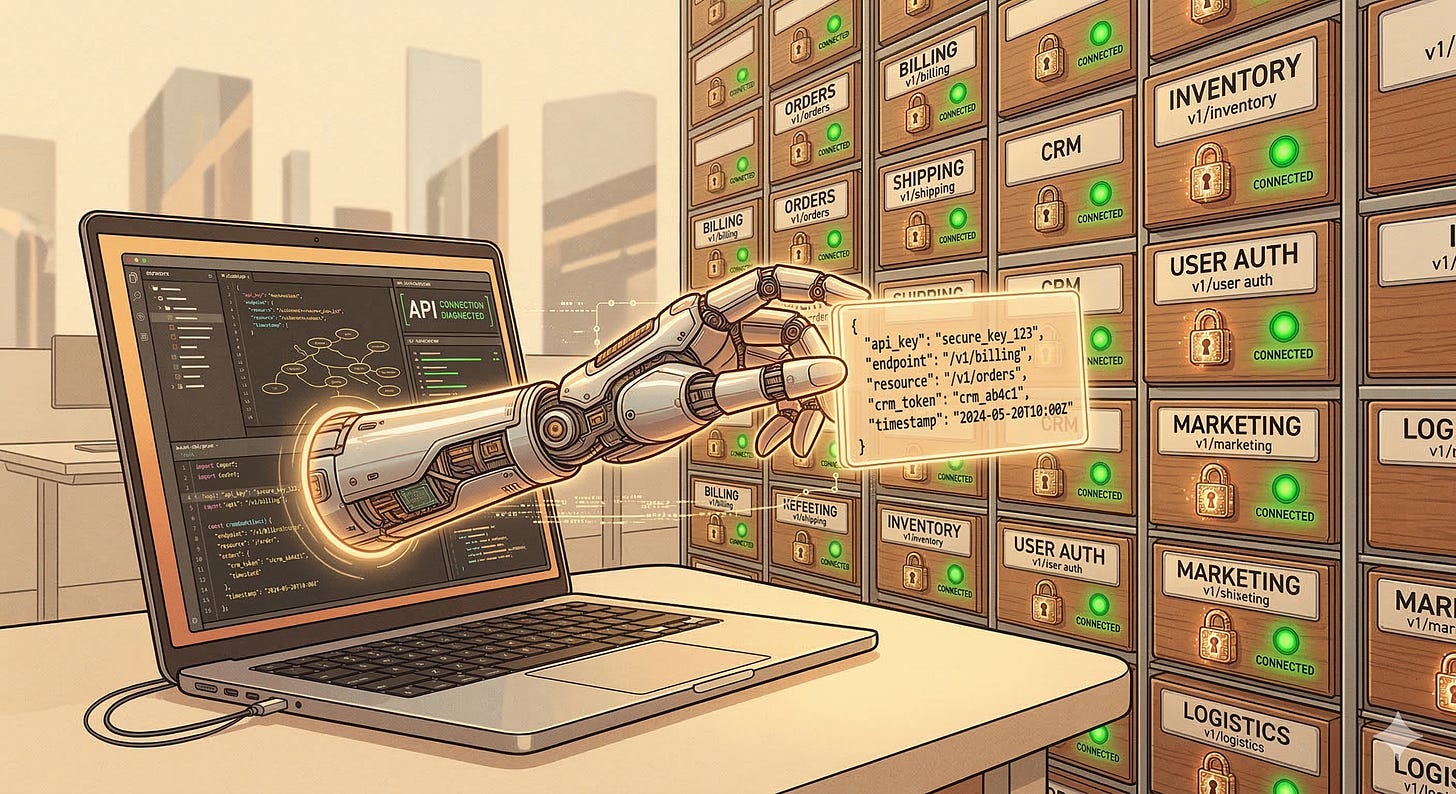 A robotic hand extending from a laptop screen, reaching toward a wall of labeled API drawers marked Billing, Orders, Shipping, and CRM. Each drawer has a lock icon and a green connected indicator light. The hand holds a structured JSON card that serves as a key to open the drawers.