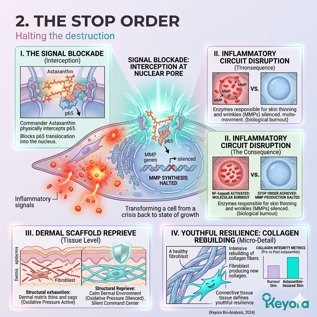 Astaxanthin Signal Blockade inhibits NF-kappaB and p65 translocation to arrest Matrix Metalloproteinases for the restoration of Dermal Sovereignty. Astaxanthin Signal Blockade inhibits NF-kappaB and p65 translocation to arrest Matrix Metalloproteinases for the restoration of Dermal Sovereignty.