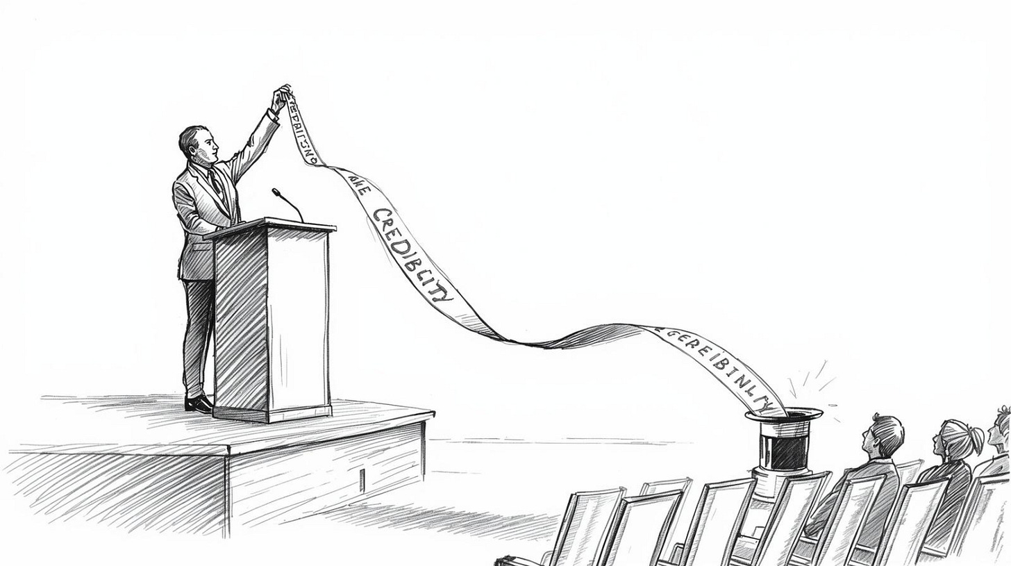 Speaker at podium pulling credibility ribbon secretly tied to hidden coins

