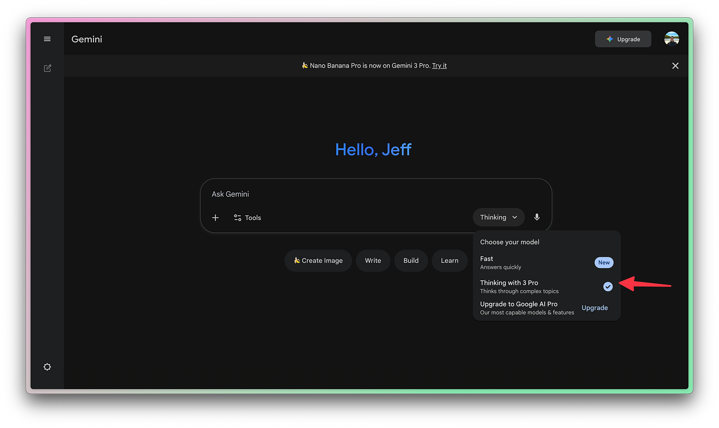 The Gemini chat tool with an arrow pointing to Gemini 3 Pro in the model selector