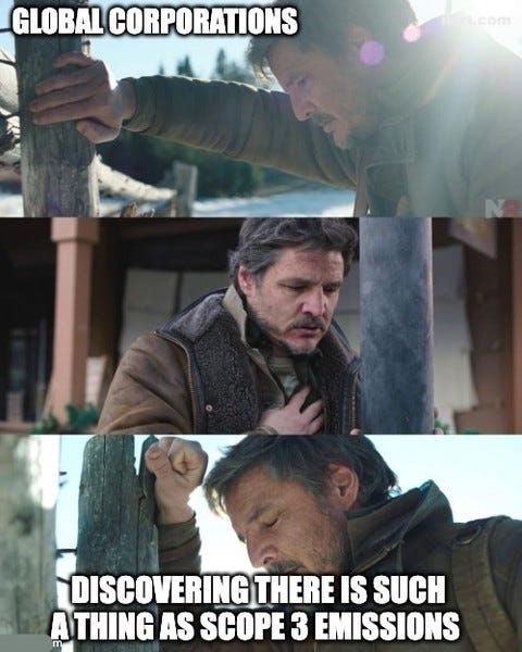 The same three-panel Pedro Pascal meme, labelled "Global corporations" and "Discovering there is such a thing as Scope 3 emissions".