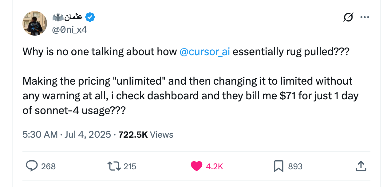 Um usuário reclamando no X sobre as mudanças de preço súbitas do Cursor. Um usuário reclamando no X sobre as mudanças de preço súbitas do Cursor.