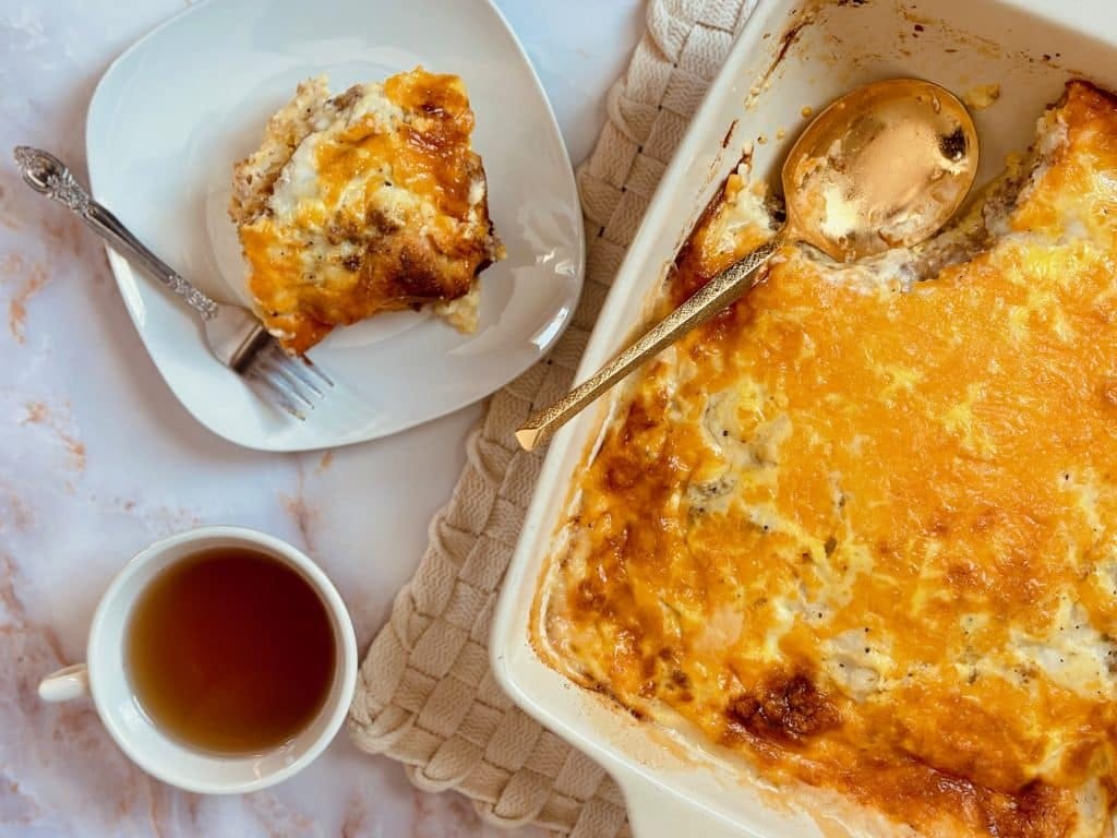 Golden and fluffy biscuits and gravy casserole fresh from the oven