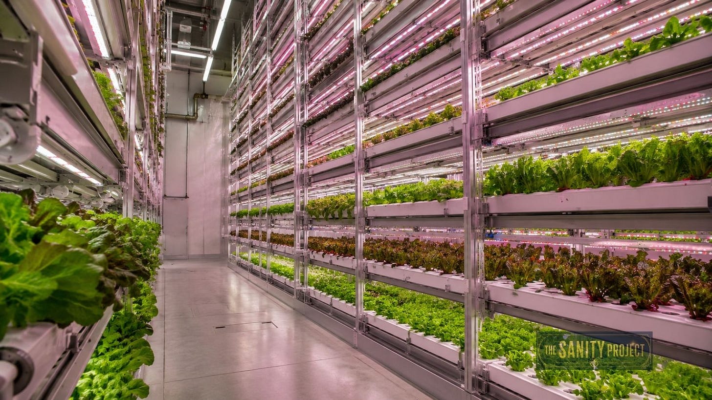 Stacked LED-lit growing racks inside a vertical farming facility in Canada producing leafy greens.