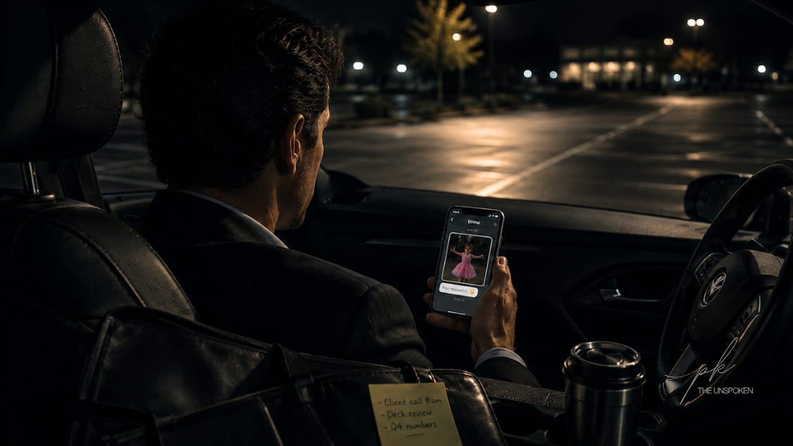A man sits alone in a dark parking lot inside his car at night, looking at a message on his phone while city lights reflect across the empty pavement outside. The moody cinematic scene conveys quiet reflection, emotional distance, and the weight of missed moments.