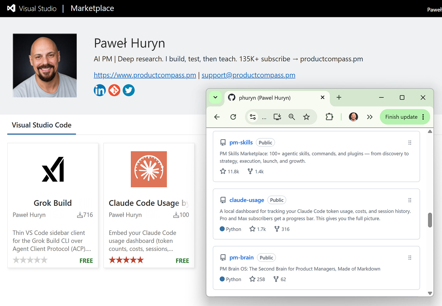 Pawel Huryn: PM Brain, a second brain for product managers; Claude Usage for VS Code; and Grok Build, another VS Code extension Pawel Huryn: PM Brain, a second brain for product managers; Claude Usage for VS Code; and Grok Build, another VS Code extension