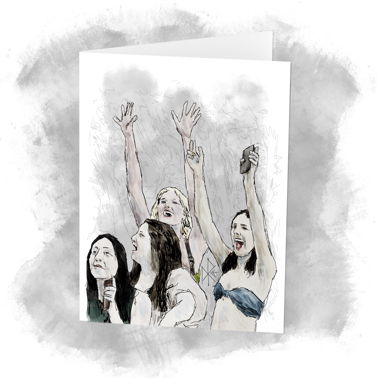 A crowd of happy people at an outdoor music festival scream and cheer. Sketch art by Don Rice. A crowd of happy people at an outdoor music festival scream and cheer. Sketch art by Don Rice.