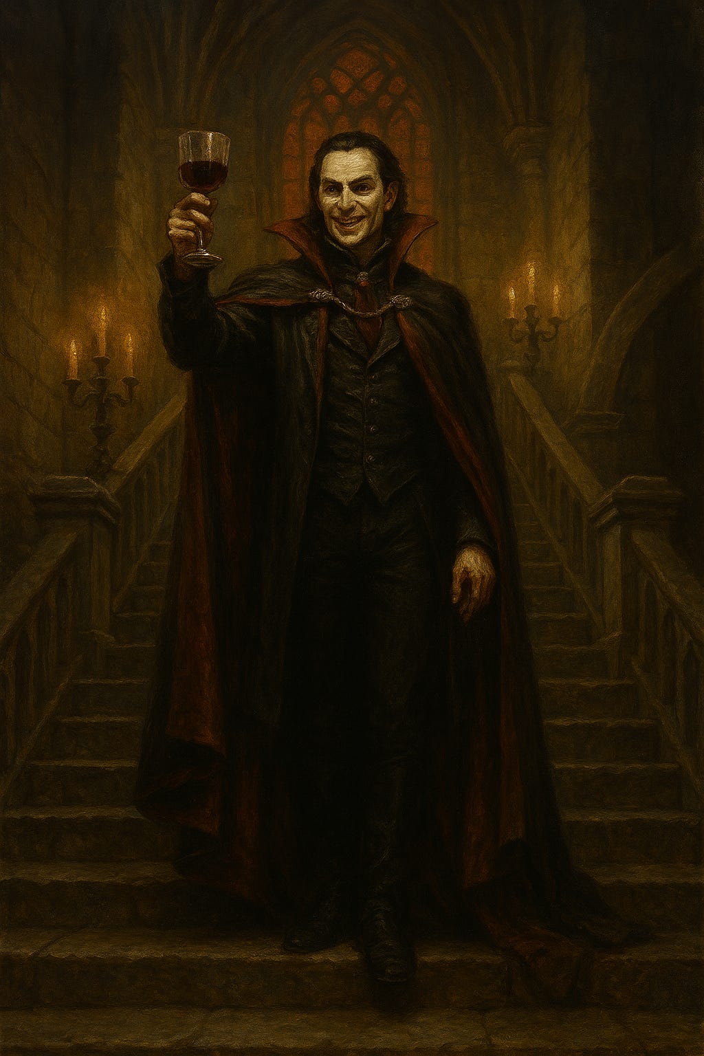 Create a dark fantasy image of Strahd von Zarovich standing on the great stair of Castle Ravenloft, raising a goblet in a chilling, regal toast. He should appear tall, elegant, and predatory, with sharp aristocratic features, pale skin, and dark hair swept back. His high-collared crimson cloak and black velvet attire should catch the candlelight. The great stair behind him should be vast and gothic, lined with iron candelabras and stained-glass windows casting blood-red reflections. The atmosphere must feel ominous, grand, and ancient, with shadows curling like smoke around him as he offers his toast. Create a dark fantasy image of Strahd von Zarovich standing on the great stair of Castle Ravenloft, raising a goblet in a chilling, regal toast. He should appear tall, elegant, and predatory, with sharp aristocratic features, pale skin, and dark hair swept back. His high-collared crimson cloak and black velvet attire should catch the candlelight. The great stair behind him should be vast and gothic, lined with iron candelabras and stained-glass windows casting blood-red reflections. The atmosphere must feel ominous, grand, and ancient, with shadows curling like smoke around him as he offers his toast.