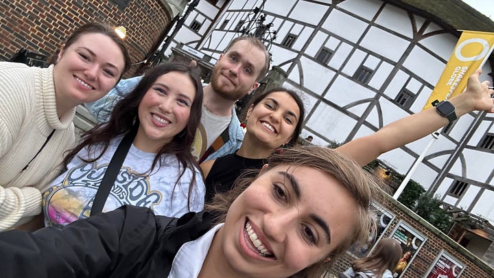 Image on left: a girl leans against a wooden stage; Image on right: five faces smiling outside of a white building with a wooden frame