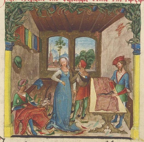 Medieval illustrations showing women participating in skilled craft production and household industries before industrialization.