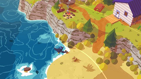 Various sceneries from the video game showcasing a forest, beach, graveyard, stickball yard, gliding over the island