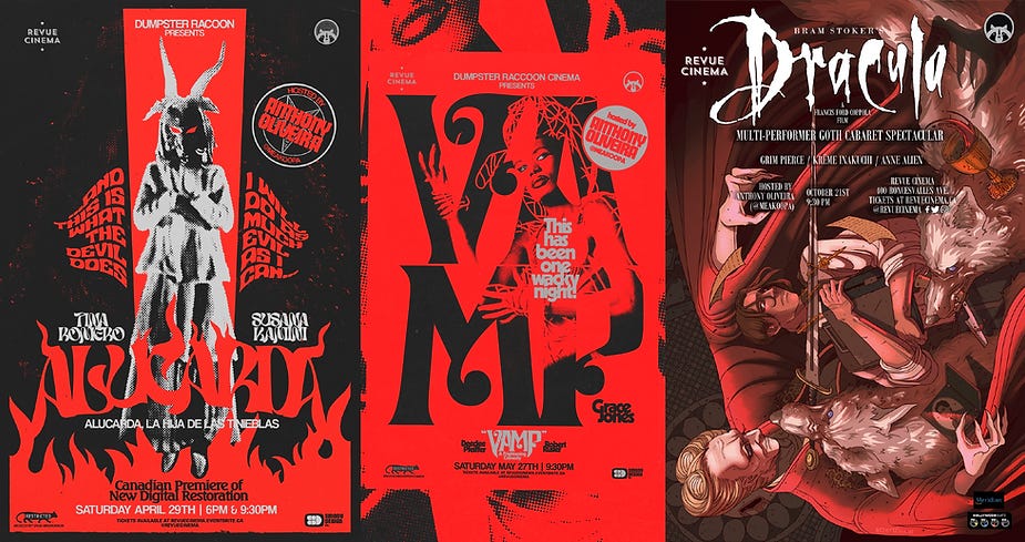 Stylized movie posters for Alucarda, Vamp and Bram Stoker's Dracula.