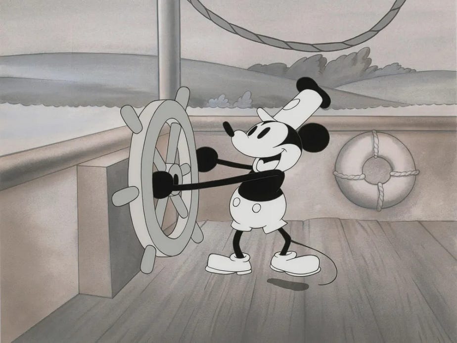 black and white cartoon of steamboat Willie Mickey mouse character (authentic self)