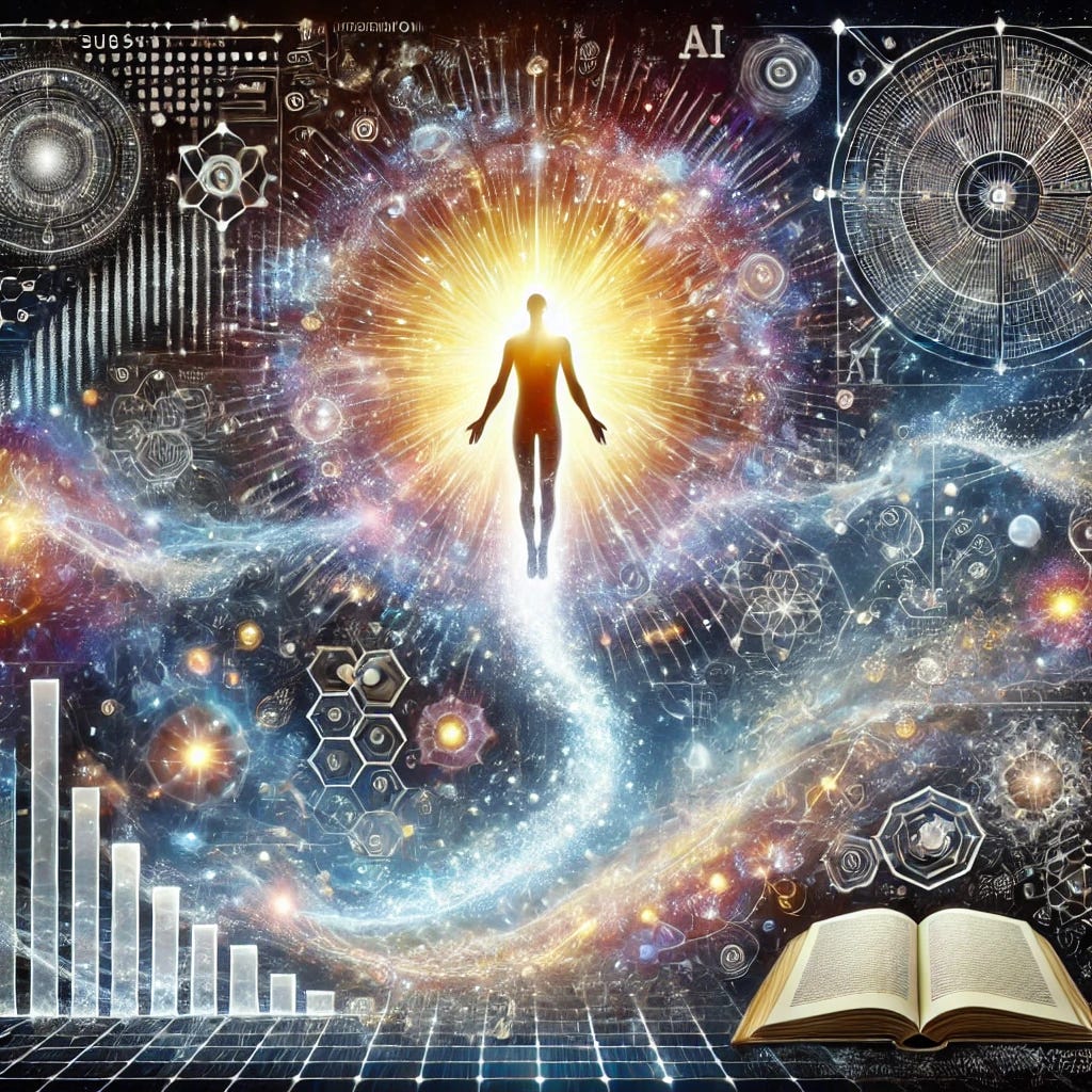 An inspiring, symbolic image representing the concept of 'Intellectual Enlightenment' as the next stage of human evolution. Show a human figure ascending or transforming into light and knowledge, surrounded by flowing data, books, and cosmic elements. Include subtle AI motifs and digital particles merging with organic thought patterns. Use radiant colors like deep blues, silvers, and golden light to convey evolution, wisdom, and transcendence. Ideal for a Substack newsletter or philosophical publication cover.