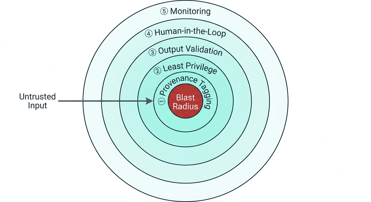 Bullseye diagram with five concentric teal-tinted rings labeled Monitoring, Human-in-the-Loop, Output Validation, Least Privilege, and Provenance Tagging from outside in, a red Blast Radius center, and an arrow labeled Untrusted Input threading through from the left. Bullseye diagram with five concentric teal-tinted rings labeled Monitoring, Human-in-the-Loop, Output Validation, Least Privilege, and Provenance Tagging from outside in, a red Blast Radius center, and an arrow labeled Untrusted Input threading through from the left.