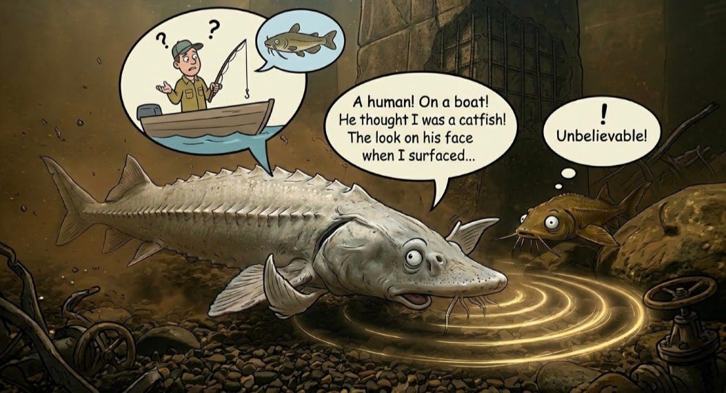 Cartoon image of fisherman who was ignorant of this endangered species.