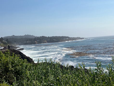 Depoe Bay harbor, coast, and whale sculpture