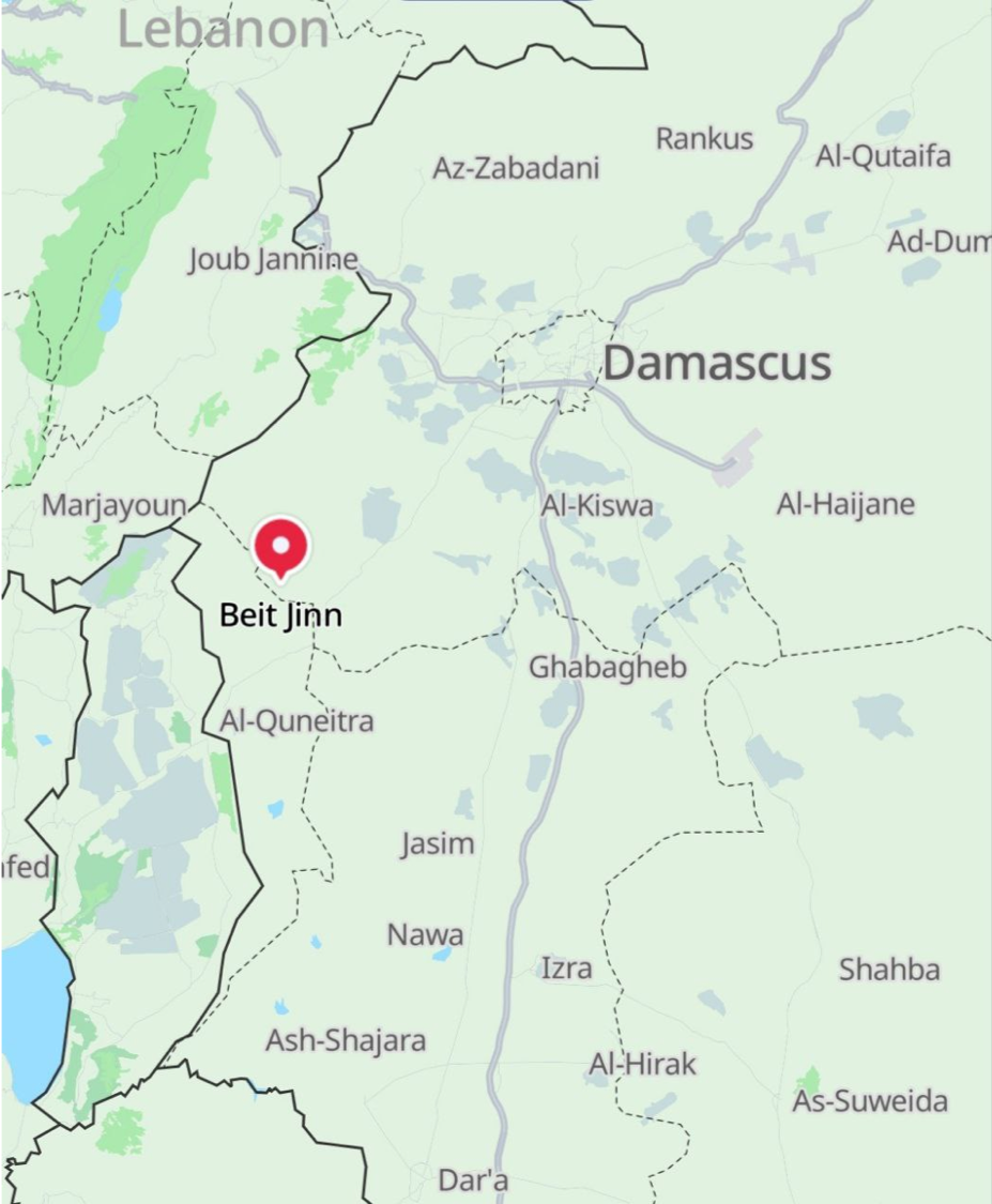 Map showing the strike zone: a red dot marking Beit Jinn — just miles from Damascus, underscoring how dangerously close the escalation has come to the capital.