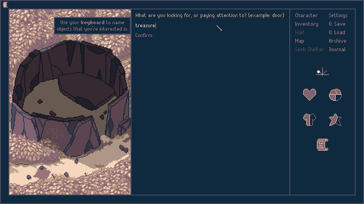 Game asks "what are you looking for?" with a free text entry field. Someone has typed in "treasure"
