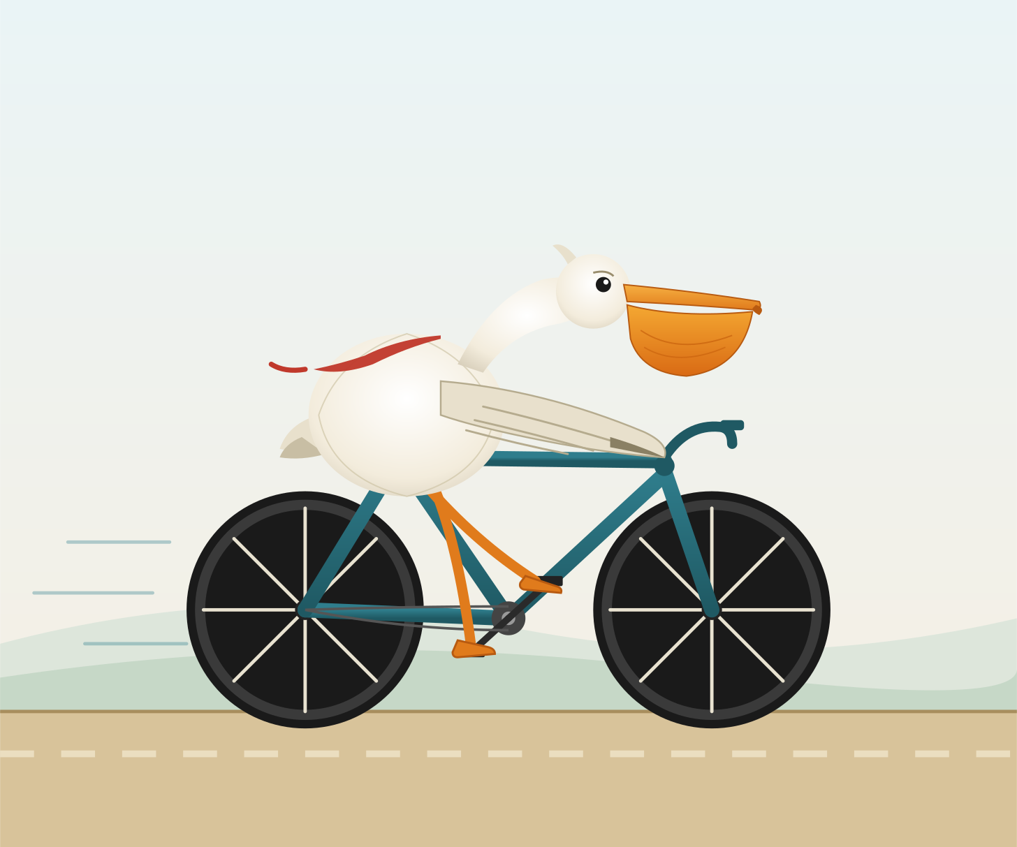 It's a really good bicycle - all the right bits, spokes on the wheels, wheels and pedals rotating - and a very good pelican, red scarf, good beak, bobbing up and down. The feet don't stay on the pedals though.