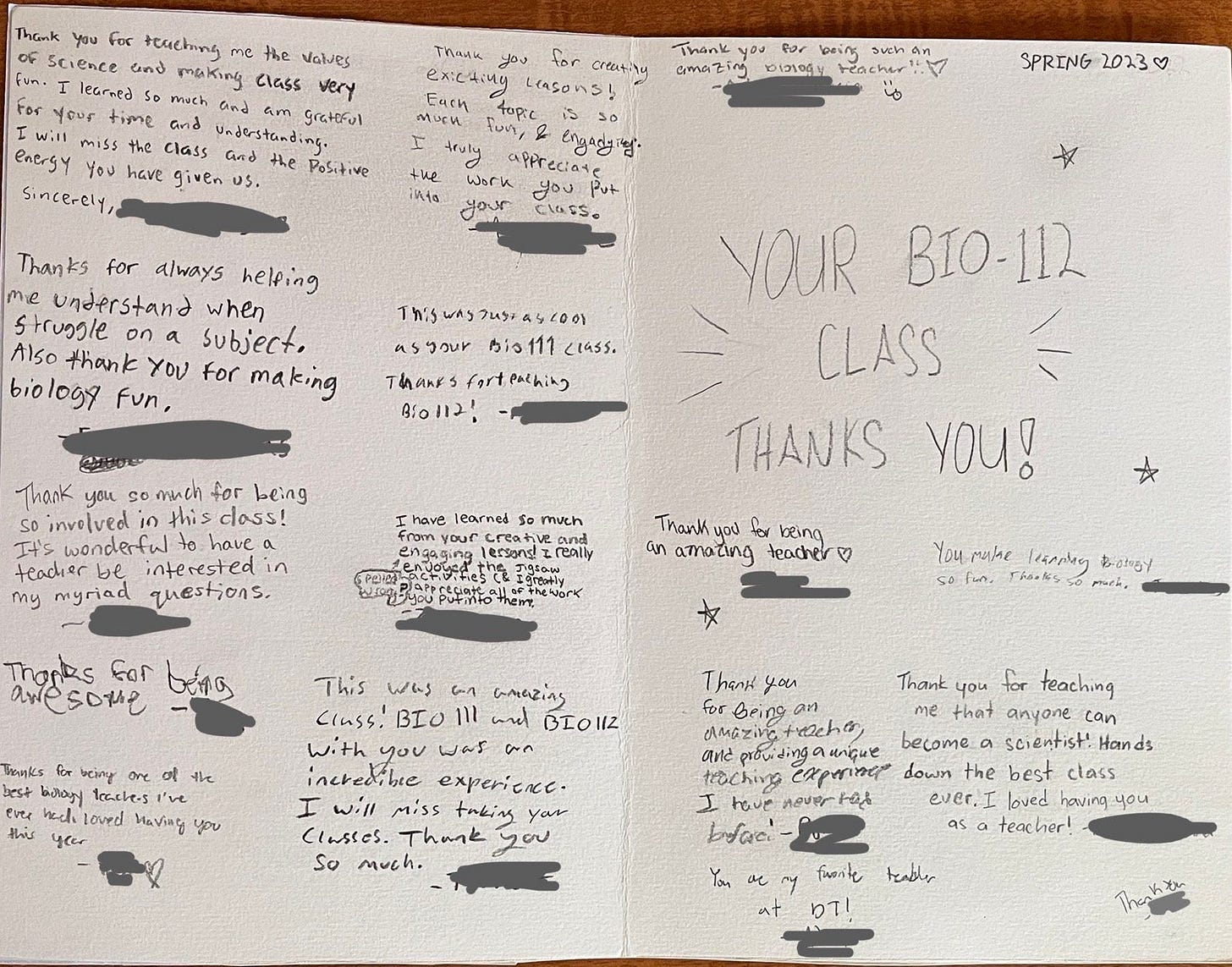 Image of the inside of the handwritten card my students presented to me at the end of the semester. Each student wrote a short note of thanks. Image of the inside of the handwritten card my students presented to me at the end of the semester. Each student wrote a short note of thanks.