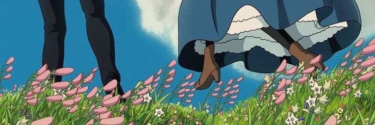 This may contain: two anime characters are standing in the grass