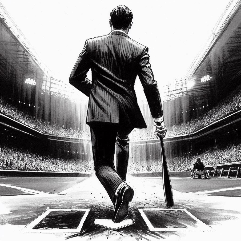 a man in a suit stepping up to the plate in black and white ink and gouache style