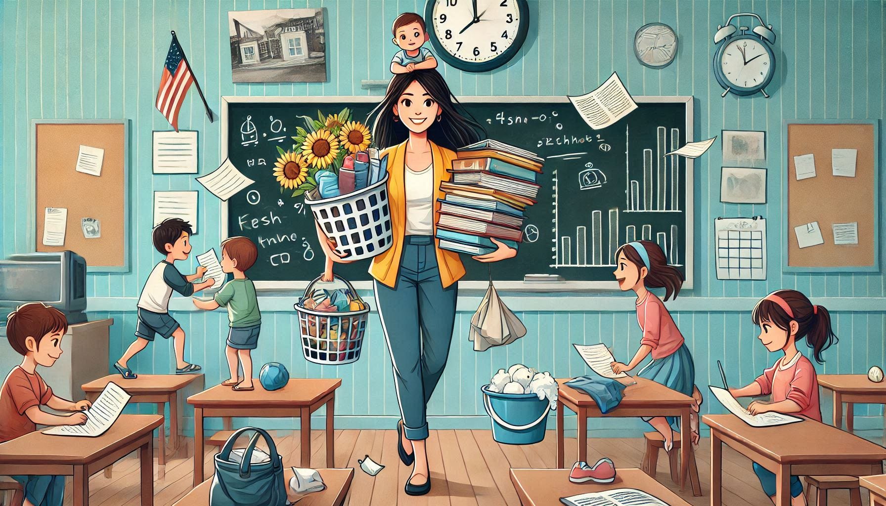 A woman stands in the middle of a classroom juggling her family, housework and writing career.