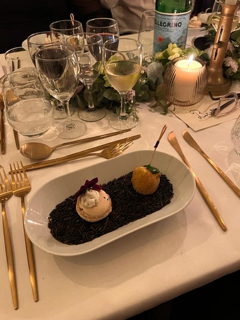 Photos of a multi-course meal with different plates of fish, meat and vegetables