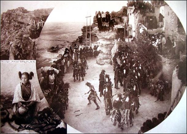 Right: Moqui (Hopi) Snake Dance, Hualpi (Walpi) plaza, 1899. Photo by Ben Wittick. Note observers standing on top of “snake rock.” Upper-left: Walpi village in the distance, First Mesa. Lower-left: Hopi maiden with butterfly whorl hairstyle and pot. Right: Moqui (Hopi) Snake Dance, Hualpi (Walpi) plaza, 1899. Photo by Ben Wittick. Note observers standing on top of “snake rock.” Upper-left: Walpi village in the distance, First Mesa. Lower-left: Hopi maiden with butterfly whorl hairstyle and pot.