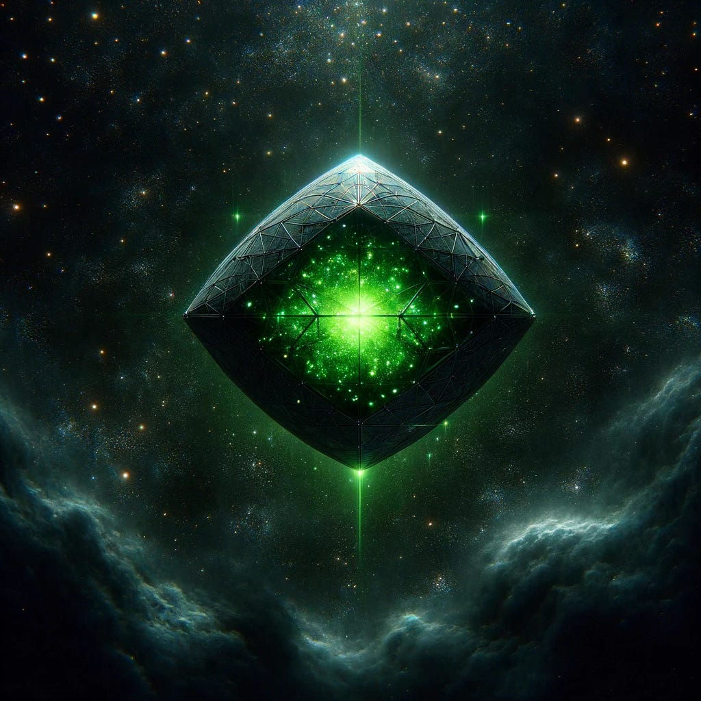 Enhance the second image to create an even darker and more striking representation of the future universe, where the focus is solely on the glowing green energy within the geometric space pod-like drones harvesting cosmic dust. The background should be deep black, almost entirely void of stars, to accentuate the isolation and vastness of space. The drones themselves should be barely visible, with the emphasis on the bright green cores of energy they contain. This vivid green glow should stand out as the only source of light in the image, symbolizing a beacon of hope and sustainable energy in an otherwise dark and resource-scarce universe. The overall composition should be very minimal, with the green energy being the central and almost exclusive element, creating a powerful and hopeful visual statement.