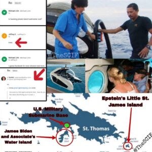 The collage, which consists of various elements, includes images of a man in a mini-submarine, a map of the island of St. Thomas showing the location of Little St. James Island, which belonged to Epstein, as well as comments and references to an American military submarine base.