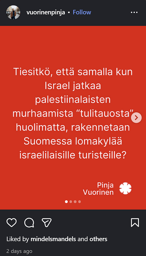 Vuorinen jakoi kristalliyön vuosipäivänä misinformaatiota ja Israelin kansalaiset, eli juutalaiset, boikottiin Lapista. Vasemmistonuorten puheenjohtajan mielestä Lappi "ei saa olla turvallinen maa israelilaisille".