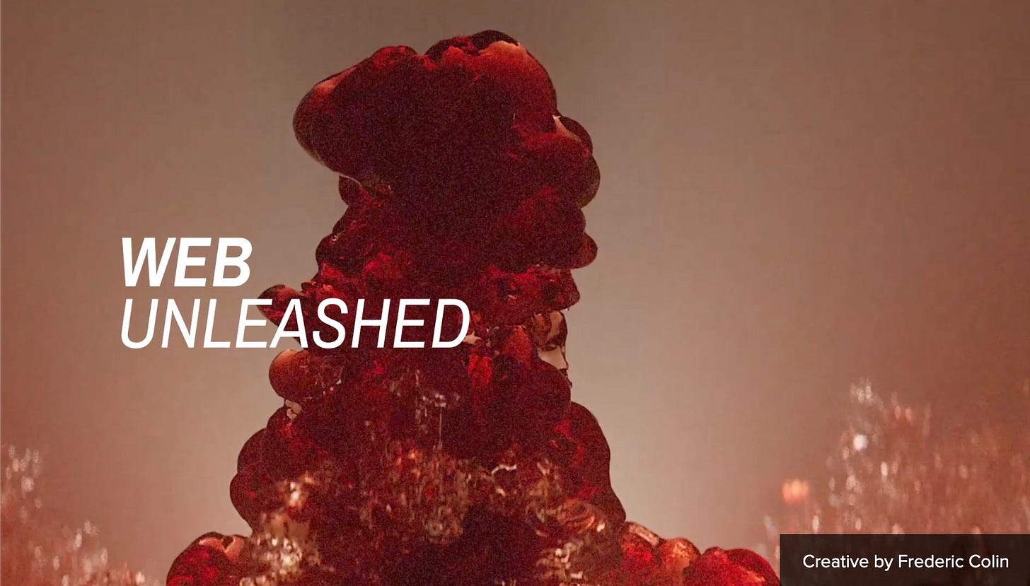 Web Unleashed banner featuring underwater footage of a rising red liquid. Creative by Frederic Colin