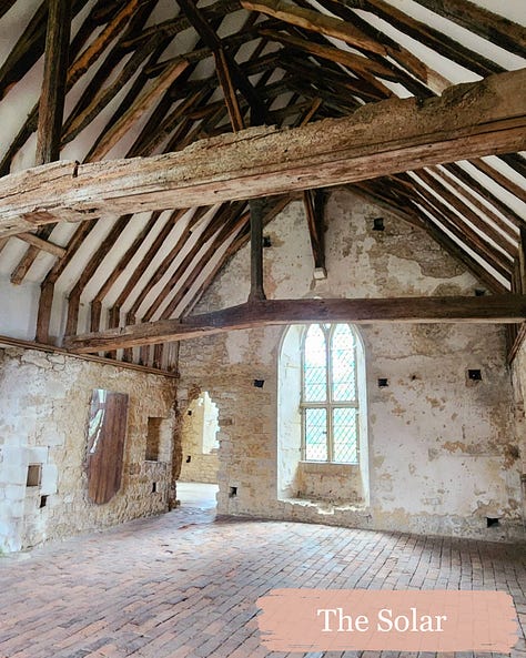 Nine pictures showing the interior of Old Soar Manor including exposed beam ceilings, original doors, a font for the chapel, and remnants of wall paintings