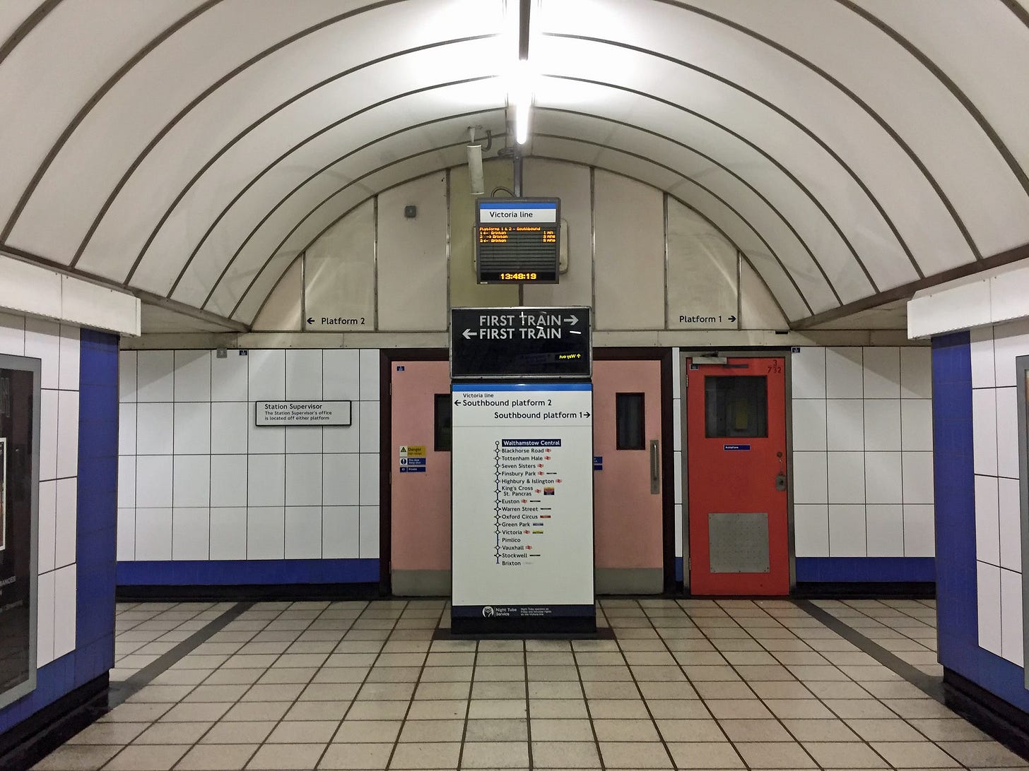 Photo showing the area between the two platforms at Walthamstow Central, the sixties first train sign and its replacement above. Photo showing the area between the two platforms at Walthamstow Central, the sixties first train sign and its replacement above.