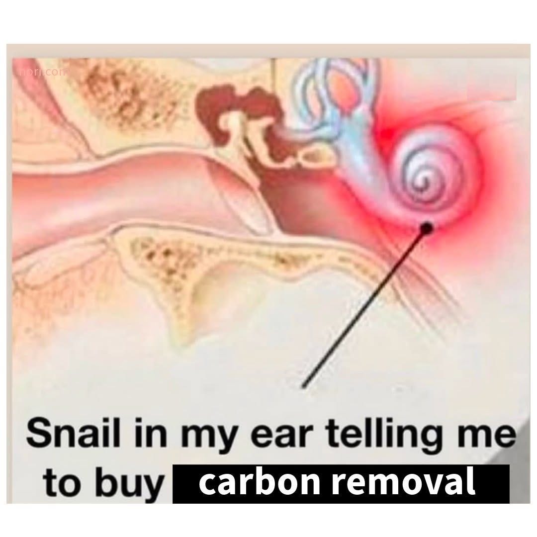 An anatomical diagram of the inner ear with the cochlea highlighted in red and labelled "Snail in my ear telling me to buy carbon removal".
