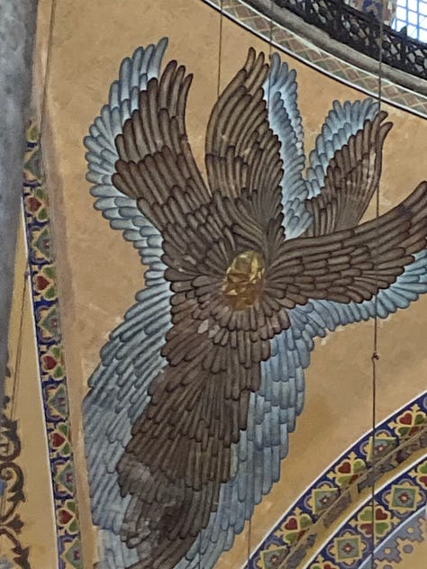 Various ceramics, vases, paintings, posters, iconography, statues, ruins, caves with wings