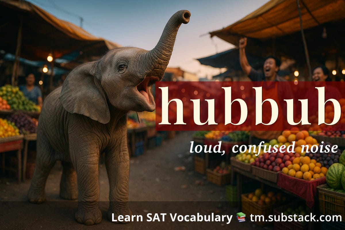 Illustration of a baby elephant trumpeting in a busy marketplace; used to illustrate the SAT word 'hubbub'.