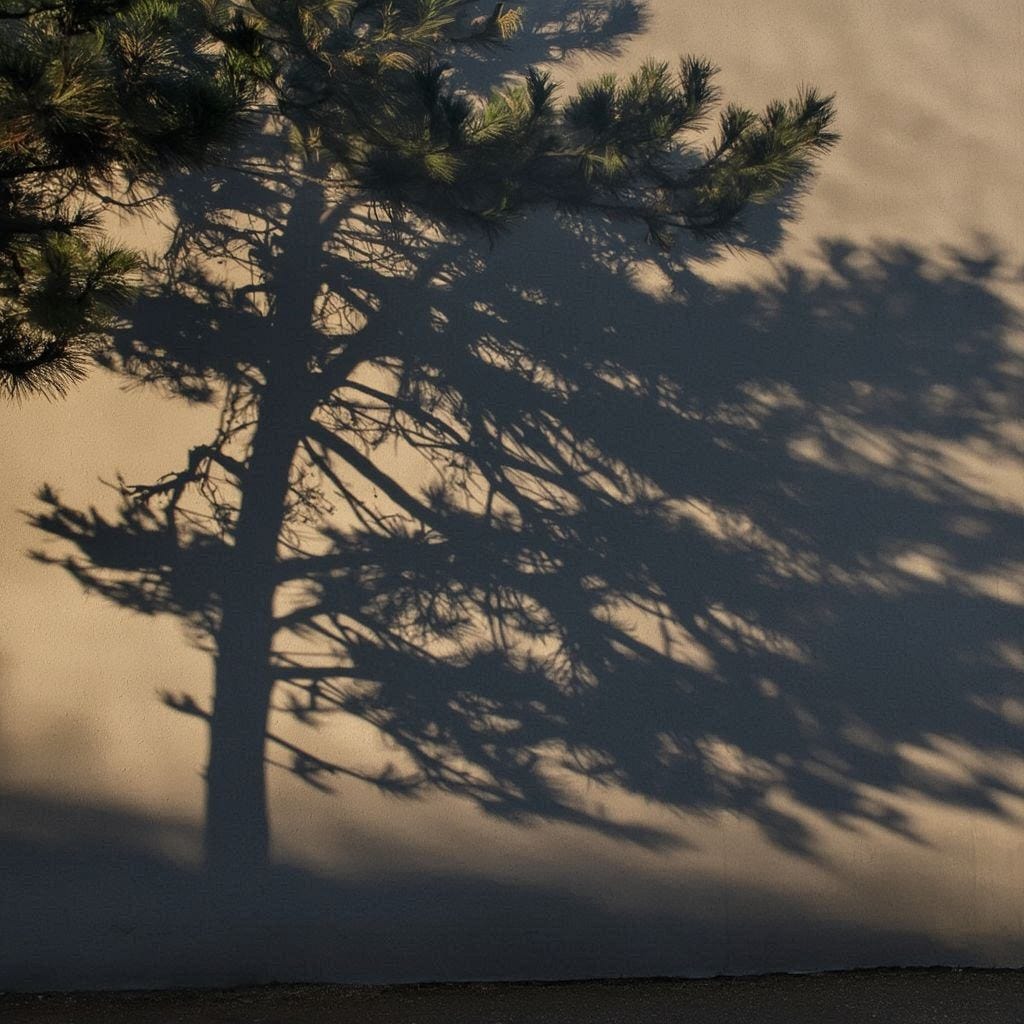 Giant pine tree shadows on a tall wall 