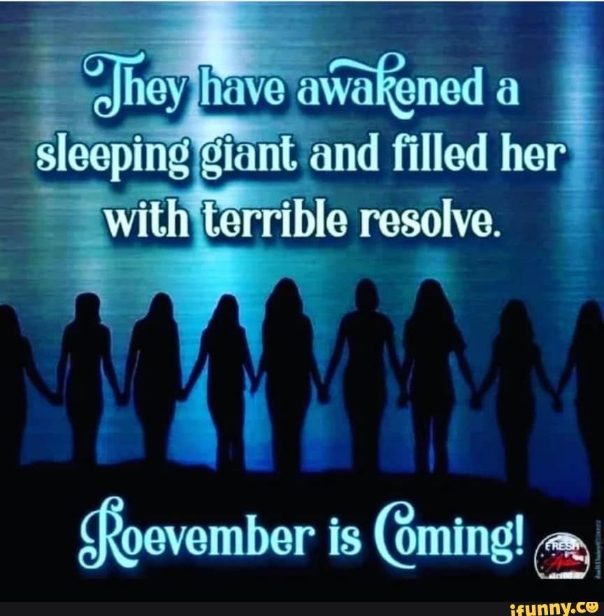 Image of a shadow row of women holding hands against a blue backdrop. Text reads, "They have awakened a sleeping giant and filled her with terrible resolve. #Roevember is coming."