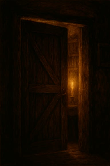 A richly atmospheric image of the door to Victor Vallakovich’s workroom in the Vallakovich mansion, half open. The door is made of dark wood, carved with subtle arcane motifs and worn at the edges. A faint glow spills from the crack—pale blue light tinged with violet, suggesting arcane energy within. The hallway outside is dimly lit by flickering sconces, with portraits lining the walls that seem to watch. The air feels charged, and the door itself seems to hum faintly, as if resisting being opened further. The mood is tense and mysterious, hinting at forbidden knowledge waiting beyond.