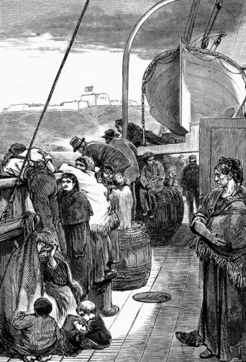wood engraving of Irish immigrants on a ship departing Cobh Ireland 1874