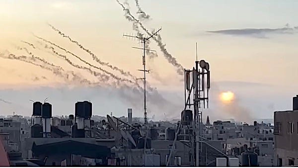Muslim terrorists with Hamas fire a barrage of rockets against Israel on Saturday, Oct. 7, 2023. (Video screenshot) Muslim terrorists with Hamas fire a barrage of rockets against Israel on Saturday, Oct. 7, 2023. (Video screenshot)