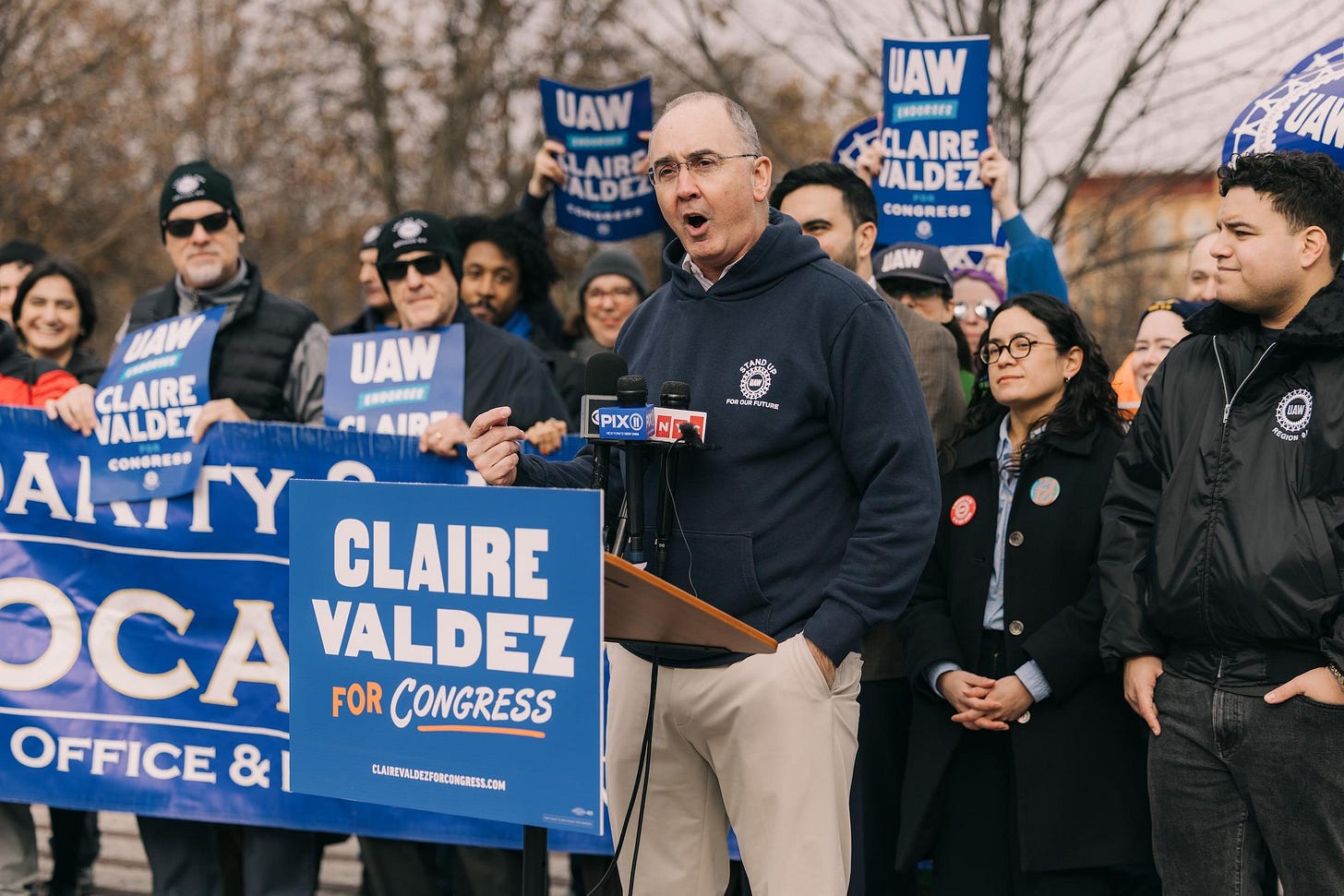 UAW President Shawn Fain speaks at a rally to endorse Claire Valdez for Congress