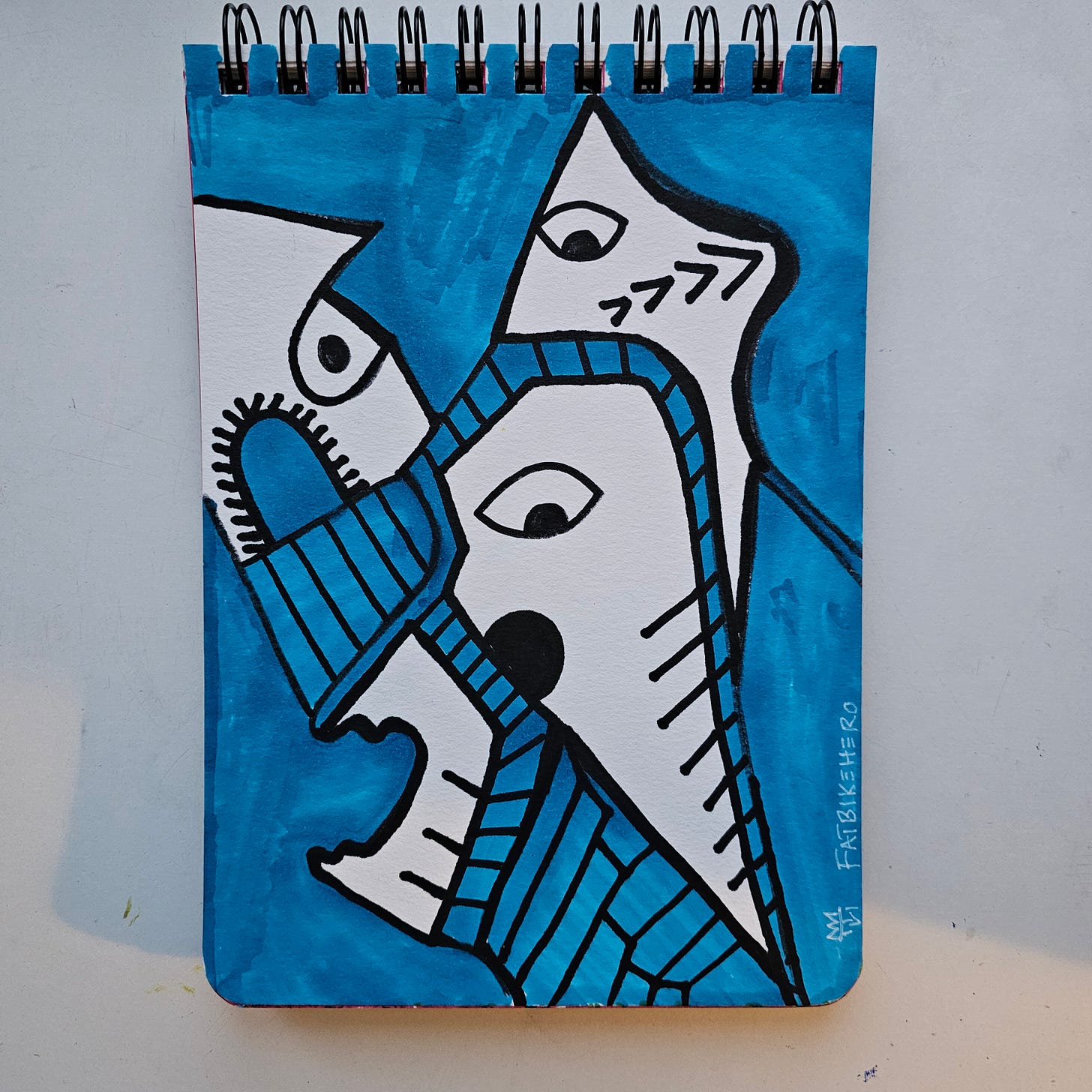 Blue and black abstract ink drawing 'Pick Your Animal' by FatbikeHero, featuring ambiguous cubist forms resembling birds, foxes, or humans.