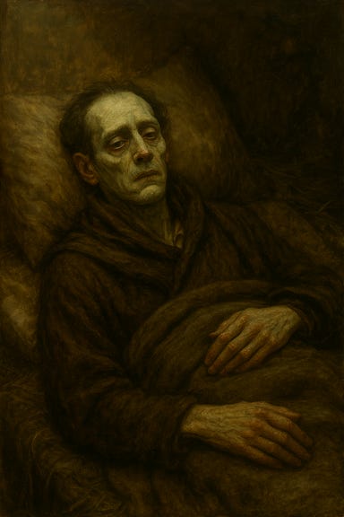 Franz, visually based on Michael Stuhlbarg, lies in a threadbare tent near the edge of the Barovian refugee camp. His skin is sickly and pale, with hollow cheeks and cracked lips, eyes ringed in gray and staring unfocused at the canvas ceiling. He is swaddled in faded blankets atop a nest of straw and cloth, surrounded by flickering lamplight and the bitter scent of herbs. A shriveled crust of dream pastry lies beside him, faintly glowing with arcane residue. The atmosphere is quiet, heavy with grief and supernatural decay—capturing the moment after his confession to the party.
