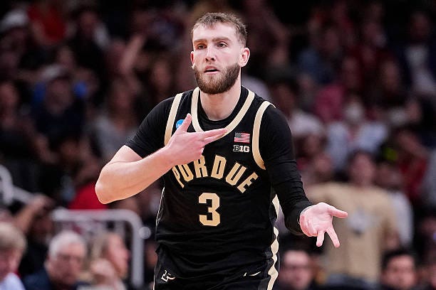 Braden Smith of the Purdue Boilermakers reacts after scoring a three point basket. Against the Arizona Wildcats in the Elite Eight of the 2026 NCAA... Braden Smith of the Purdue Boilermakers reacts after scoring a three point basket. Against the Arizona Wildcats in the Elite Eight of the 2026 NCAA...