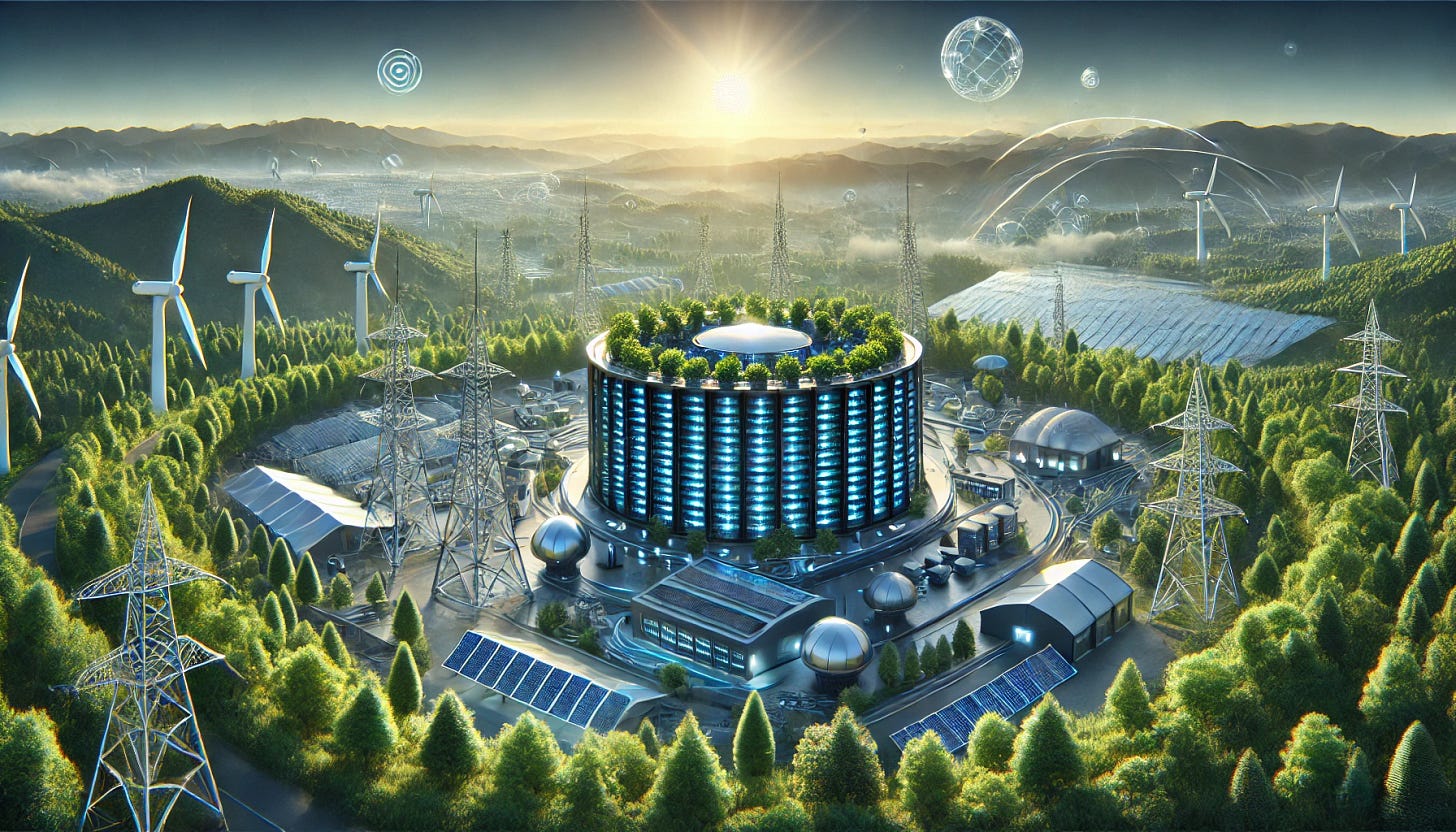 A wide-angle digital illustration depicting a self-sufficient, autonomous infrastructure. The image showcases a futuristic, resilient data center surrounded by lush greenery, symbolizing sustainability and independence. In the background, communication networks and renewable energy sources like solar panels and wind turbines reinforce the concept of self-reliance. The scene is illuminated with soft natural lighting, conveying security, stability, and technological advancement. The aesthetic is semi-realistic with a modern and professional touch, suitable for a blog banner in a wide 16:9 format.