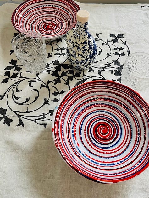 Top L-R: Handmade Ceramiche Carella Ostuni olive oil cruet, Villa D'Este Tivoli glasses, handmade pasta plates from Ceramiche Carella Ostuni and Pascucci table linen, the fruttivendolo where I bought the Michelle Portoghese pasta, bronze-cut Italian grown and made pastas, orecchiete, stone-washed asiugo tutto dishtowel, Save the Children donation or Pasadena Humane in your name